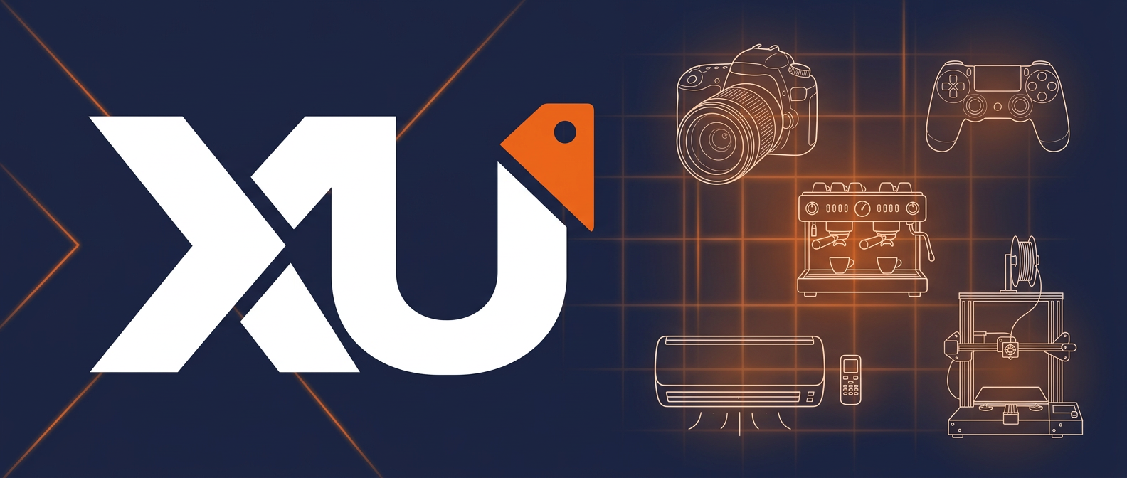 XU Market-logo met lijntekeningen van een camera, controller, espressomachine, airco en 3D-printer