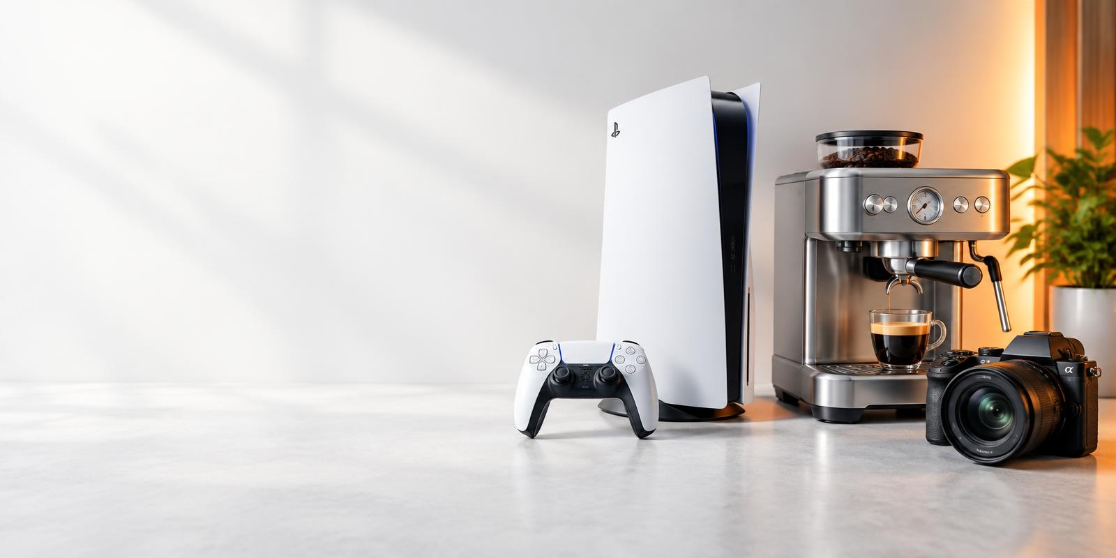 Camera, gameconsole, koffiemachine en elektronica in een lichte winkelopstelling